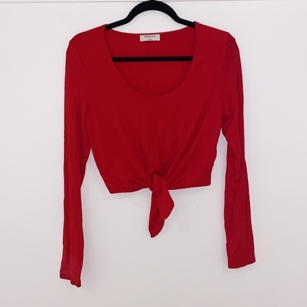 ARITZIA Babaton Jeronimo Long sleeves cropped top tied knot Red Size M - Picture 2 of 9